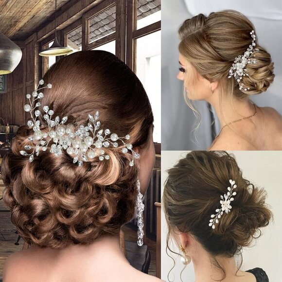 ?Women Silver Hair Comb and 4 Pins Bridal Pearl Crystal Wedding Hair Comb